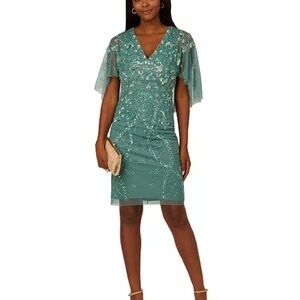 Adrianna Papell Teal Beaded V‑Neck Midi Dress